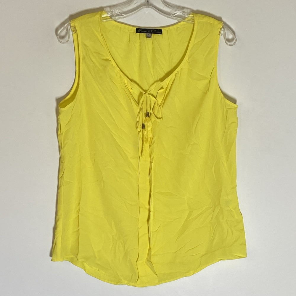 Rose & Olive Top Womens Medium Yellow Sleeveless Tie Neck Tassel Bright Casual M